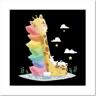 cute baby giraffe sleeping stacked pillows Posters and Art